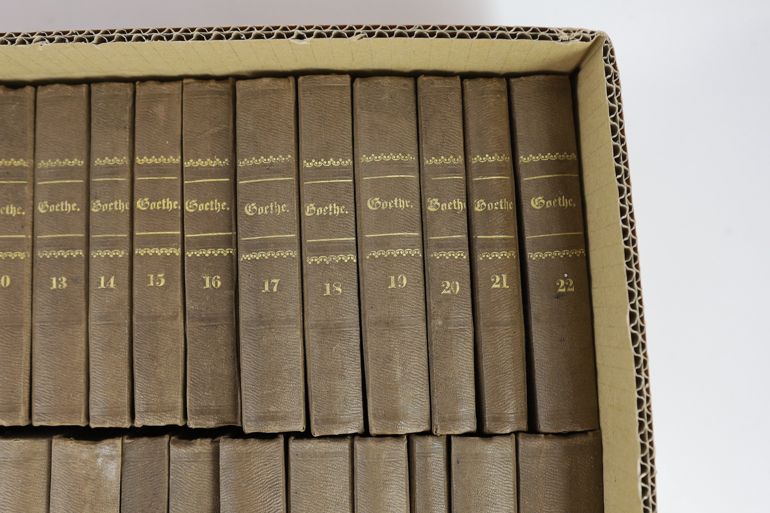 Goethe, Johanna Wolfgang - The Works in German, 35 vols (of 40), 12mo, half cloth, gilt embossed spines, Cotta’scher Verlag, Stuttgart and Augsburg, 1855